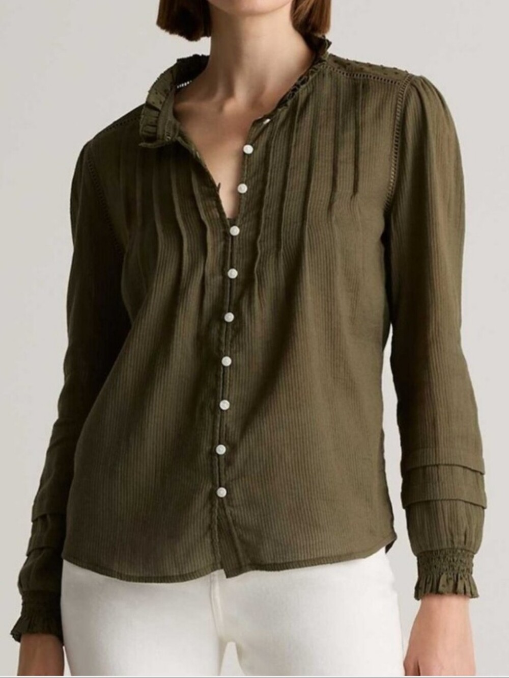Quince Organic Cotton Boho Button-Front Ruffle Detail Blouse Caper Women's Large